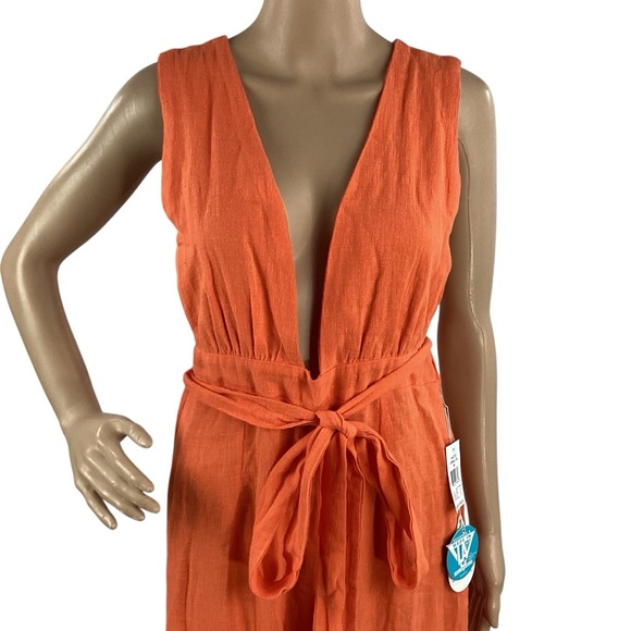 WET Vermillion Orange Plunge Neck Jumpsuit Linen Blend XS - Picture 2 of 7